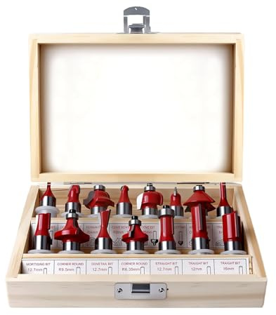 Tekrill 15 Piece Tungsten Carbide Router Bits Set, Chamfer Router bit Set with 1/2'' Shank for Woodworking Routing, V Grooving, Flush Trimming, Chamfering TS/XD-02