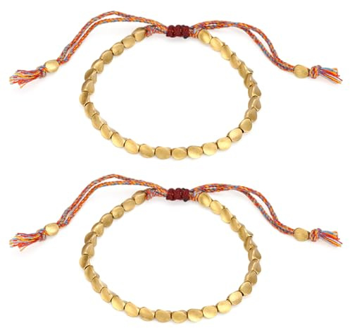 Lumi Zenva 2er Set tibetische Kupferperlen-Armbänder – Handarbeit, verstellbar & geflochten – Glücksbringer Armband aus bunten Perlen – 16-26 cm / 6.3-10.2 Zoll – Langlebig mit Kupfer & Faden