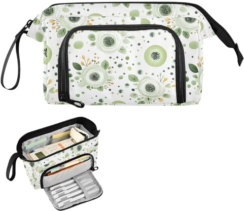 Reiacy Grande trousse à crayons avec poignée et motif fleurs vertes et roses, idéale pour les voyages, l'école, le bureau