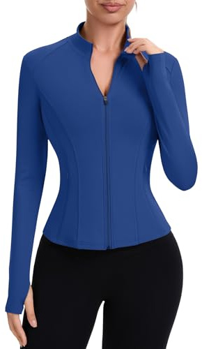 IECCP Gym Tops for Women UK Sport Running Jackets Long Sleeve Workout Fitess Activewear Shirt Lightweight Breathable Yoga Tops with Thumb Hole and Zip Side Pocket Deep Blue L