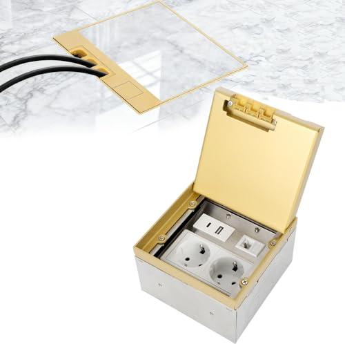 Bodensteckdose Innen, Edelstahl Bodeneinbausteckdose Versenkbare Steckdose mit 2AC und USB, Wasserdichte Einbausteckdose für Zuhause,Büros (Gold)