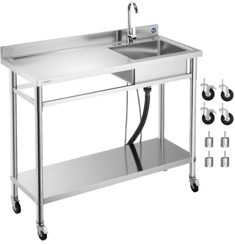 VEVOR Lavandino Mobile da Cucina 1200 x 500 x 1055 mm, Vasca Singola con Rubinetto e Ruote, Lavello da Cucina per Garage, Ristorante, Lavanderia, Lavabo da Esterno con Piano di Lavoro Sinistra