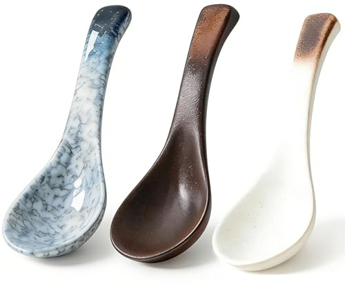 Asiatische Suppenlöffel Set, 3 Stück Keramik Löffel in Saphirblau, Schmetterlingsgelb und Goldbraun, Japanische Suppenlöffel für Ramen, Pho und asiatische Gerichte, Ideal für Haushalt und Gastronomie