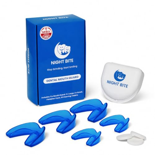Mouth Guard for Teeth Grinding & Clenching – MHRA Registered Night Guard for Bruxism & TMJ Relief – Boil & Bite Sleep Guard – 5 Pack with Retainer Case & 18 Cleaning Tablets – Night Bite