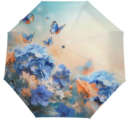 Ginfult Blue Hydrangea Flower Butterly Travel Compact Umbrella Windproof Auto Open Close Folding Umbrellas for Rain Women Men