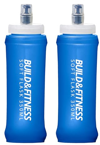 Build & Fitness Botellas de Agua Suaves, 500ml, 350ml (2 Pack). Botella plegable, a prueba de fugas, de TPU, sin BPA, fácil de limpiar. Ideal para chalecos de hidratación (Azul, 350ml (paquete de 2))
