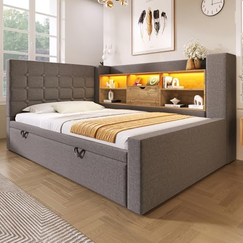 Merax Daybed with Pull Out Trundle Bed, Single Upholstered Sofa Bed with Storage Compartments,LED Lighting,USB&Type C Charging Station, for Living Room and Bedroom, Linen+Grey/90x190cm(No Mattress)