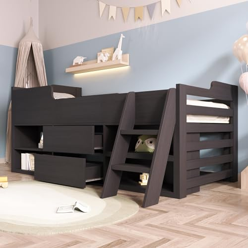 BTM Wooden Kids Bed with Storage, Mid Sleeper with 2 Storage Boxes with Wheels, Imitation Roof Shape and Safety Guardrail, 3ft-90x190cm Cabin Bed, Pine Wood+Particle Board, No Mattress