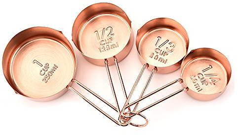Gabriera Edelstahl-Messlöffel-Set, Kupfer-Messbecher zum Kochen, Backen, tragbare Küchenutensilien, Set von 4 Stück, 250 ml/125 ml/80 ml/60 ml