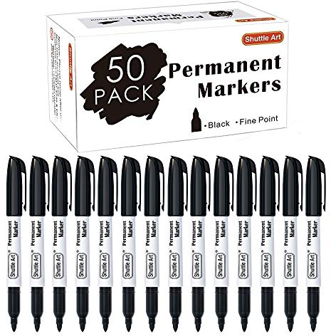 Shuttle Art Marqueur Noir Indélébile, Imperméable, 50 Marqueurs Noirs à Pointe Fine, Écriture Lisse, Fonctionne sur le Plastique, le Verre, Pratique pour Classe et Conférence et Maison