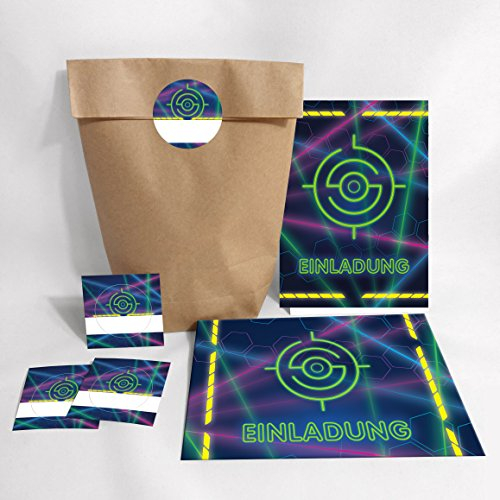 12-er Set Einladungskarten, Umschläge, Geschenktüten, Aufkleber Geburtstag Kinder Lasertag für Mädchen Jungen Jungs Einladungen Kindergeburtstag Geburtstagseinladungen Set Partyset Kartenset Party