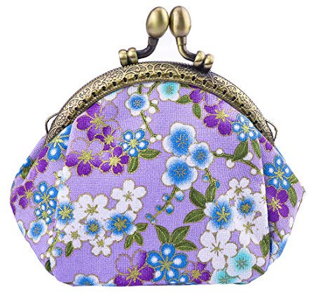 Oyachic Fleur Cerisier Porte Monnaie Floral Coin Purse Vintage Portefeuille Fermoir Clic Clac Femme Pièces Pochette en Toile Kiss Lock Change (Violet)