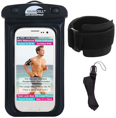 Waterproof Phone Holder Armband Case - For Swimming Running Walking NO Headphone Jack. Fits LARGE Size phones up to 17cm- iPhone, Samsung Galaxy S. Android. Hi-Vis Armband and Neck Lanyard.