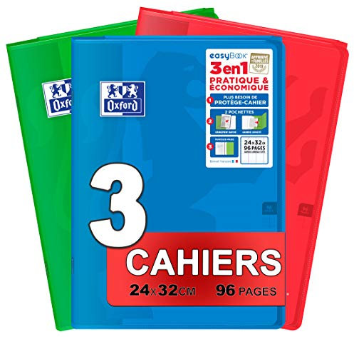 Oxford EasyBook Lot de 3 Cahiers Agrafés Grands Formats 24 x 32cm 96 Pages Grands Carreaux Seyès 90gr Couleurs Assorties