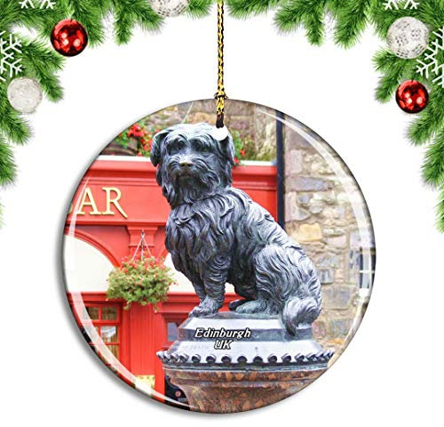 Weekino UK England Edinburgh Greyfriars Bobby Christmas Xmas Tree Ornament Decoration Hanging Pendant Decor City Travel Souvenir Collection Double Sided Porcelain 2.85 Inch