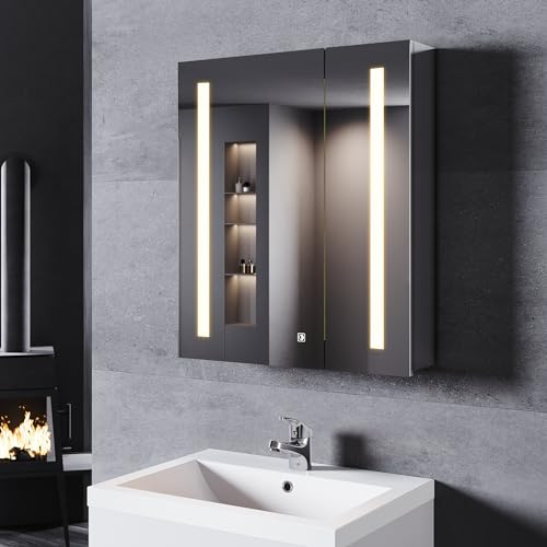 SONNI Spiegelschrank Bad 60 ×70 cm Badezimmer Spiegelschrank mit Steckdose Spiegelschrank mit Beleuchtung 2 türig Badezimmerspiegel Touch-Schalter