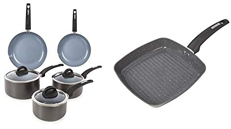 Tower Cerasure Pots And Pans Set & Cerastone Induction Grill Pan, Non Stick Ceramic Coating, Easy to Clean, Dishwasher Safe, Graphite, 25 cm