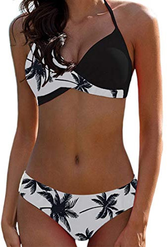 JFAN Donna Costume da Bagno Push Up Imbottito Reggiseno Bikini Donna Due Pezzi Swimwear Abiti da Spiaggia,Foglia Nera M