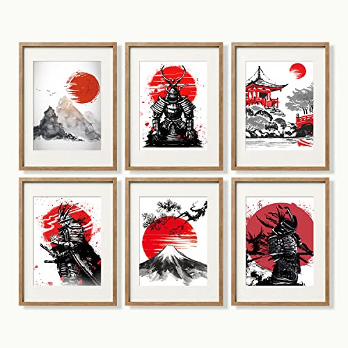 YUMKNOW Japanische Kunst Wanddekoration – ungerahmt 20.3x25.4 cm, 6 Stück, Samurai Rüstung Krieger Drucke Poster für Schlafzimmer, Japan Rot Weiß Kunst Büro Geschenke