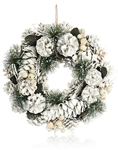 COM-FOUR® Türkranz für Weihnachten - weißer Adventskranz mit Zapfen und Zweigen - Dekokranz - Weihnachtsdeko - Tischkranz - Weihnachtskranz