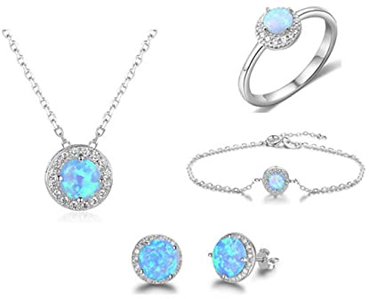 LOKILOKI 925 Sterling Silber Schmuck Sets Rund Blauer Opal Stein Ringe Ohrstecker Halsketten Armbänder Geschenke Für Frauen
