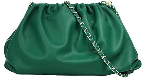 Cluty Umhängetasche Echt Leder Damen | Made in Italy, Slouchy Bag, Handtasche aus Rindleder, Clutch im Knautsch-Look, elegante Abendtasche, abnehmbarer Riemen grün | 021204