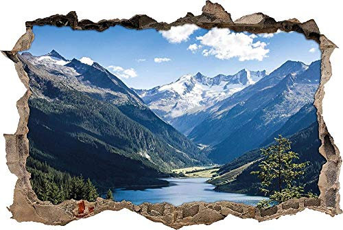 3D Wandtattoo Mauerloch Wandsticker Wandaufkleber Durchbruch selbstklebend Schlafzimmer Wohnzimmer Kinderzimmer - Berge mit See,Größe 70x110cm