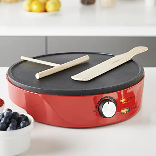 Global Gizmos 37509 Pancake and Crepe Maker/Non-Stick Hot Plate with Raised Edges for Reduced Wastage/Adjustable Temperature/Wooden Spreader & Spatula Included / 1000W