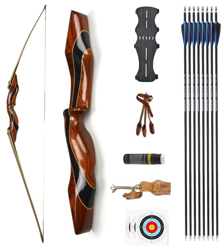 ZSHJGJR 62“ Bogenschiessen Langbogen Set Erwachsene Pfeil und Bogen Set 25-55 lbs Sportbogen Holzbogen mit allem Zubehör für Bogenschießen und Jagd (35lbs, Bogen Set)