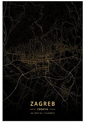 FISH DRAGATE Zagreb Kroatien Stadtkarte Leinwand Poster Wandkunst Druck für Wohnzimmer Schlafzimmer Büro Home Decor rahmenlos 20x30inch (50x75cm)