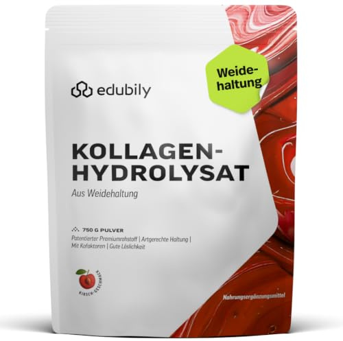 edubily® Kollagen-Hydrolysat - Kollagen Pulver als hochwertige Proteinergänzung im Alltag - aus Weidehaltung, Vitamin C, Zink, Kupfer, Mangan & Kieselsäure - 1 Portion täglich (750 g, Kirsche)