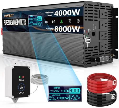 4000W Pure Sine Wave Power Inverter 12V DC to 110V/120V AC, 8000W Peak with Remote Control, 4 AC Outlets, Dual USB, LED Display, Heavy Duty Converter for RV, Truck, Solar System, Off-Grid & Emergency