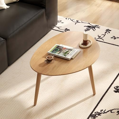 Wayshome Kleiner ovaler Couchtisch, Mitte des Jahrhunderts, moderner Couchtisch für Wohnzimmer, 100 % massives Eichenholz, Beistelltische für Zuhause (Originalholzfarbe, 65 x 44 x 50 cm)