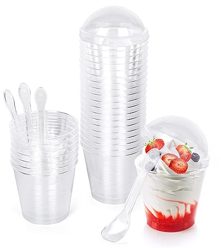 CoKeeSun 30 Pezzi Tazze Bicchieri da Dessert con Coperchio e Cucchiaio, 5,6 oz/160 ml Coppette da Dessert Rotonda, Bicchierini Finger Food, Riutilizzabili Monoporzione Budini Mousse Tiramisù