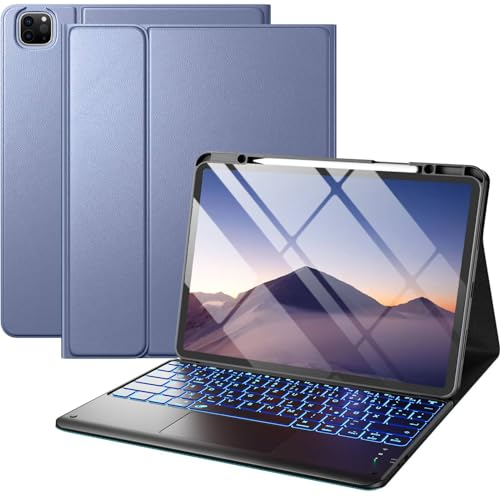 Vobafe Hülle mit Tastatur für iPad Pro 12.9 6./5./4./3. Generation mit Touchpad, 7 Farben Beleuchtung, Abnehmbare QWERTZ Tastatur, mit Stifthalter für iPad 12,9 Zoll, Blau grau