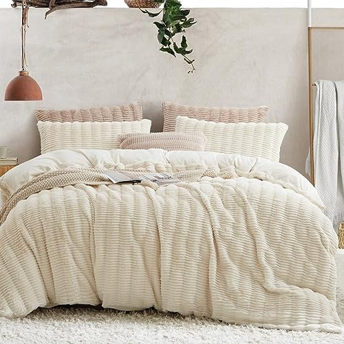 Lanqinglv Plüsch Bettwäsche 155x220 cm Weiß Flauschig Langhaar Kunstfell Dick Winterbettwäsche Warm Kuschelig Flanell Fleece Cashmere Touch Bettbezug mit Reißverschluss und 1 Kissenbezug 80x80cm
