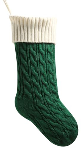 meioro 46cm Große Weihnachtsstrumpf, Kabel Gestrickt Nikolausstrumpf für Kinder, Klassische Weihnachtsstrümpfe Kamin Hängende Strümpfe für Familie Urlaub Party Dekorationen (Top White+Bottom Green)