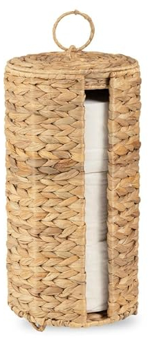MINHKUST Support de rangement en osier pour papier toilette avec couvercle, support de papier toilette pour jusqu'à 3 méga rouleaux, panier à papier toilette en jacinthe d'eau, organisateur