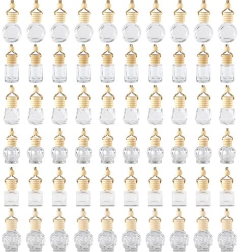 60pcs Car Hanging Diffuser Bottles, Glass Empty Perfume Bottle Pendant Air Freshener Ornament Storage Decoration for Aromatherapy Essential Oils Fragrance