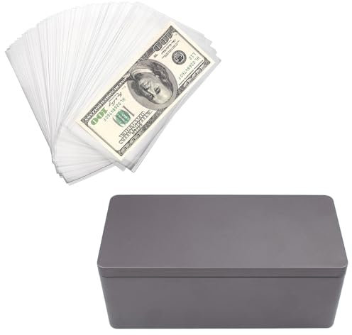 Cassetta di Sicurezza per Soldi con 100 Sacchetti Autoadesivi di plastica Scatola portaoggetti in Ferro Contenitore per contanti Cash Box Nero 18,5x8,5x7 cm