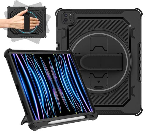 ROISKIN For iPad Pro 12.9 inch 2022/2021/2020/2018 Case,iPad Pro 12.9 6th/5th/4th/3rd Generation with 360° Stand & Hand Strap & Pencil Holder (Black)