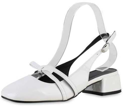 VAN HILL Damen Slingpumps Blockabsatz Lack Klassisch Schuhe 214300 Weiss Lack 37
