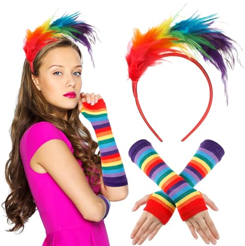 BBTO 2 Stück Schwulenstolz 1920er Flapper Zubehör Set Buntes Feder Haarreif Handschuhe Set Regenbogen Fascinator und Lange Handschuhe für Stolzparade Abschlussball Fasching (Regenbogen, Heller Stil)