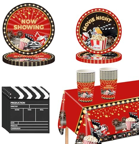 Juego de 69 piezas de decoración de fiesta nocturna de cine de Hollywood, juego de vajilla de alfombra roja con platos de papel, servilletas, tazas para suministros de fiesta temática de cumpleaños