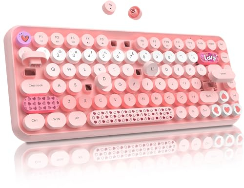FELiCON 308i Retro Wireless Keyboard, Bluetooth Silent Cute Computer Keyboard with Round Punk Keycap, Compact 84 key, Lightweight, Matte Texture,Typewriter Design for PC, Laptop, Mac - Gradient Pink