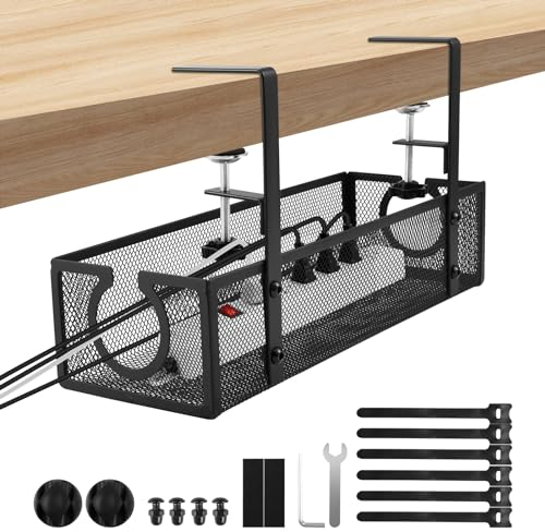 No Drill to Desk Cable Management Tray, Under Desk Cable Management, Sturdy Metal Cable Tray Basket with Clamp for Desk Wire Organiser Desk Cable Tidy Management Box for Office and Home - Black