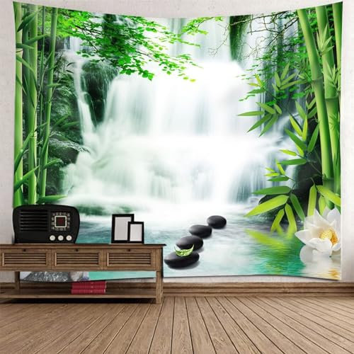 AMDXD Tapisserie 300x256cm, Natur Landschaft Wandteppich Bambus Wasserfall Stein Design Muster Wandtuch Grün Weiß in Polyester, Wanddekoration für Wohnzimmer Dekor, Schlafzimmer