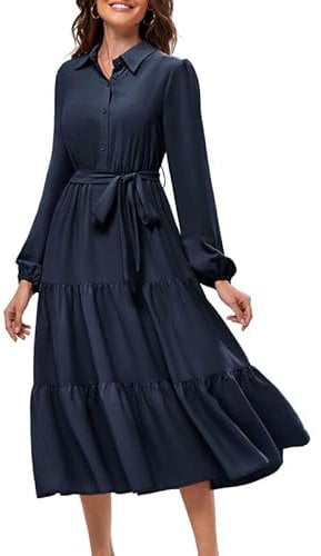 JASAMBAC Midi Dresses for Women UK,Button Down Shirt Dress Long Sleeve Casual Dresses Ruffle Pleated Elegant Dresses Flowy Dress with Pockets Dark Blue