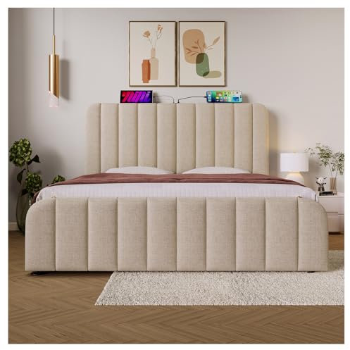 Hydraulisches Stauraumbett,Polsterbett Doppeltes 160 * 200 cm,Gepolstertes Kopfteil mit goldenen Zierstreifen und USB Typ-C Ladefunktion,Beige Leinen-Material Bettgestell Lagerbett,(Mit Matratze)