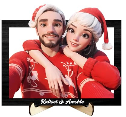 Qygtritvo Panneau en bois personnalisé avec photo 3D de dessin animé, cadre photo de caricature de style animation familiale, cadeau de Noël personnalisable, décoration d'intérieur